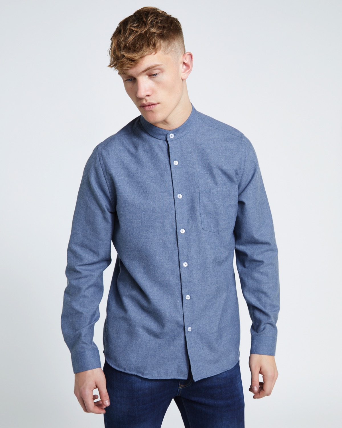 Dunnes Stores | Blue Paul Galvin Slim Fit Long Sleeve Grandad Shirt Blue