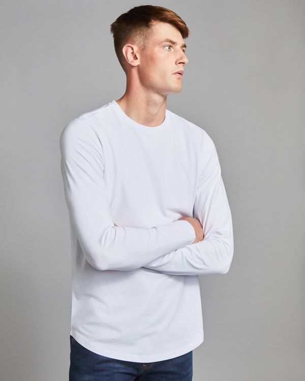 Paul Galvin White Long-Sleeved Dipped Hem Stretch T-Shirt