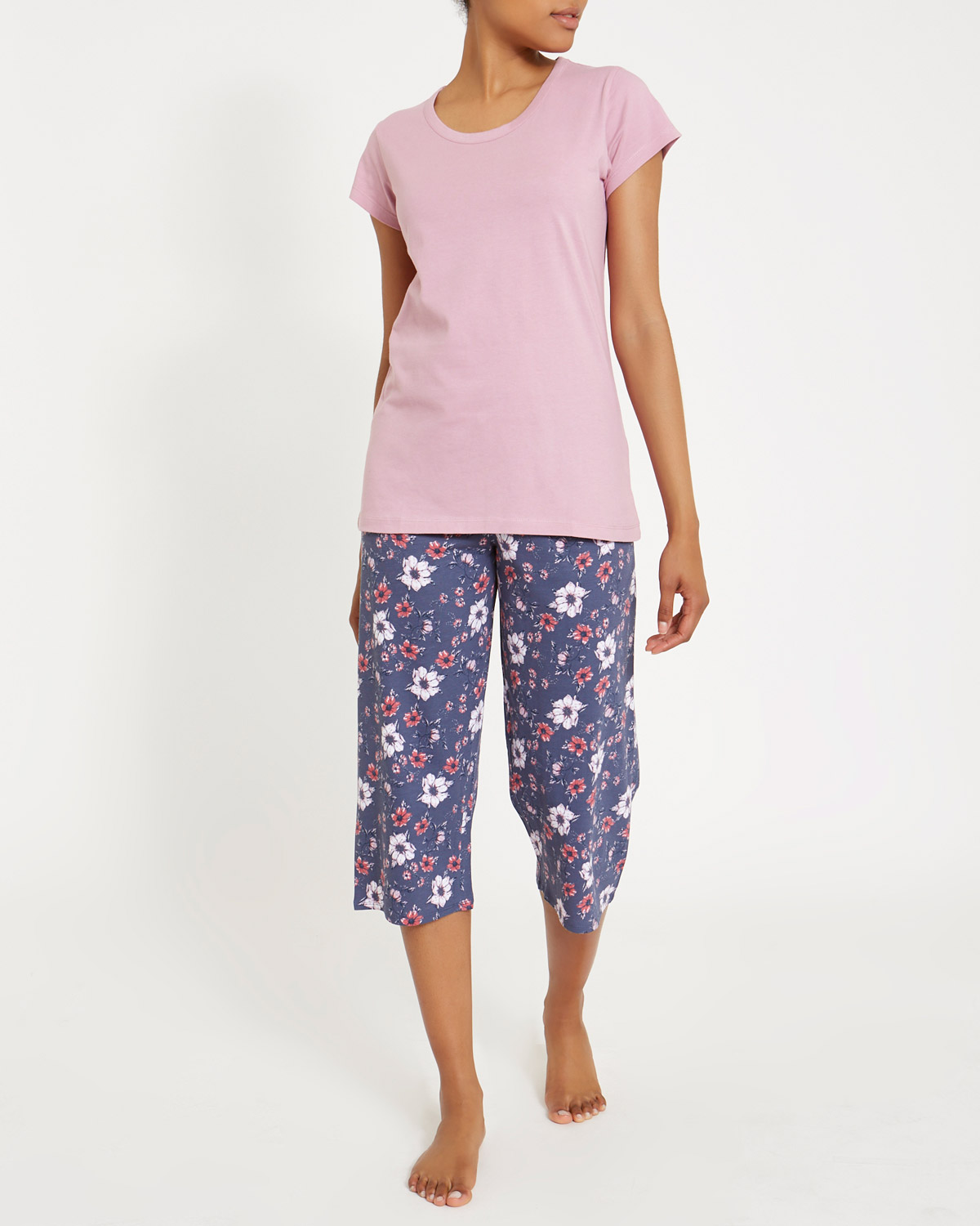 Dunnes Stores | Pink Floral Knit Crop Pyjama Set