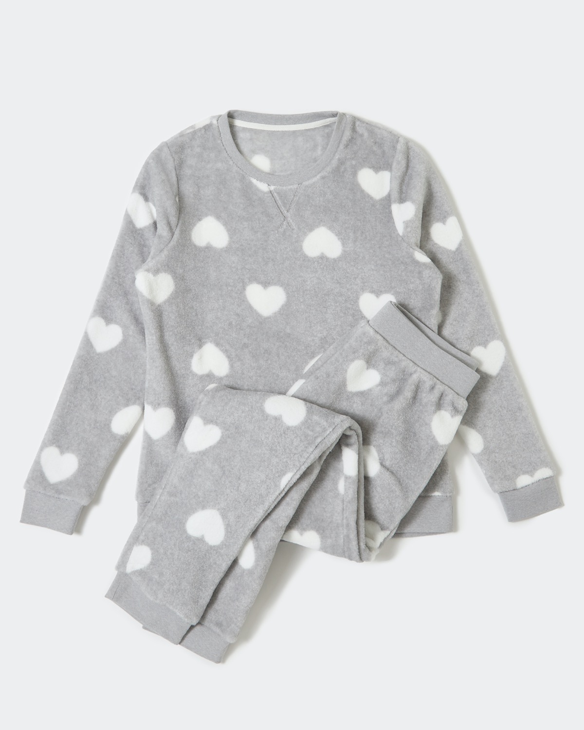 Grey Print Fluffy PJ Heart Print Cosy Pyjama Set