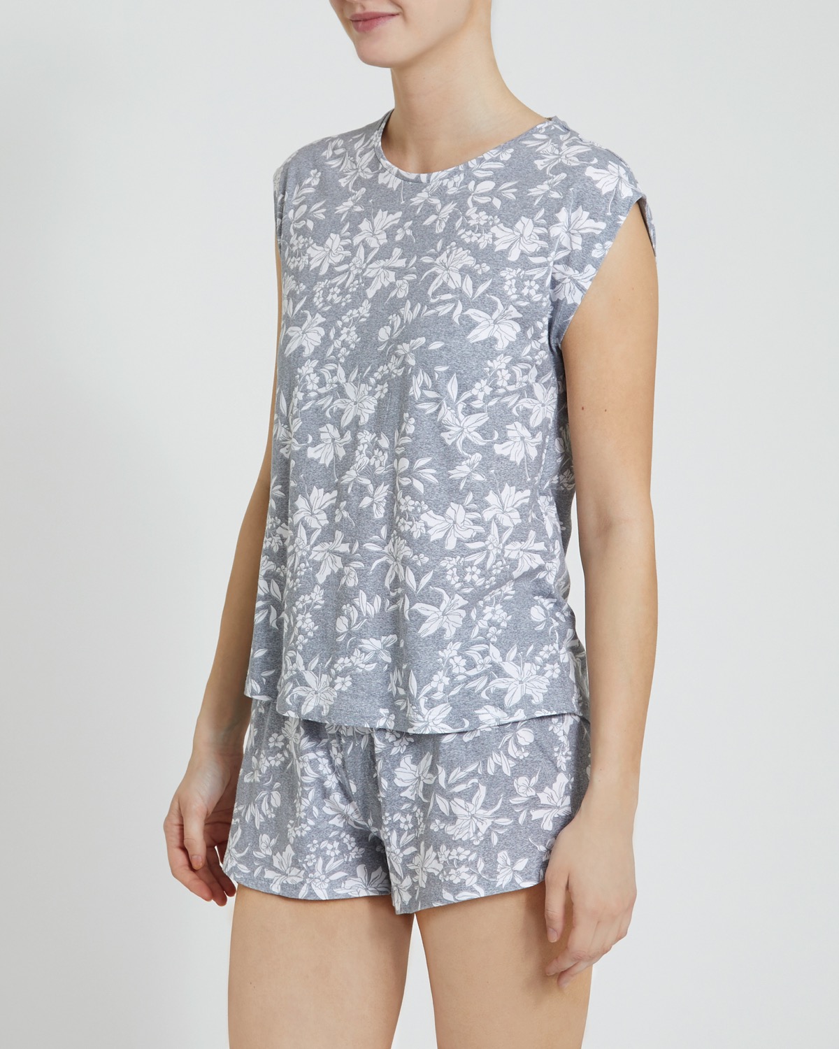 Dunnes Stores | Grey-marl Floral Short Pyjama Set
