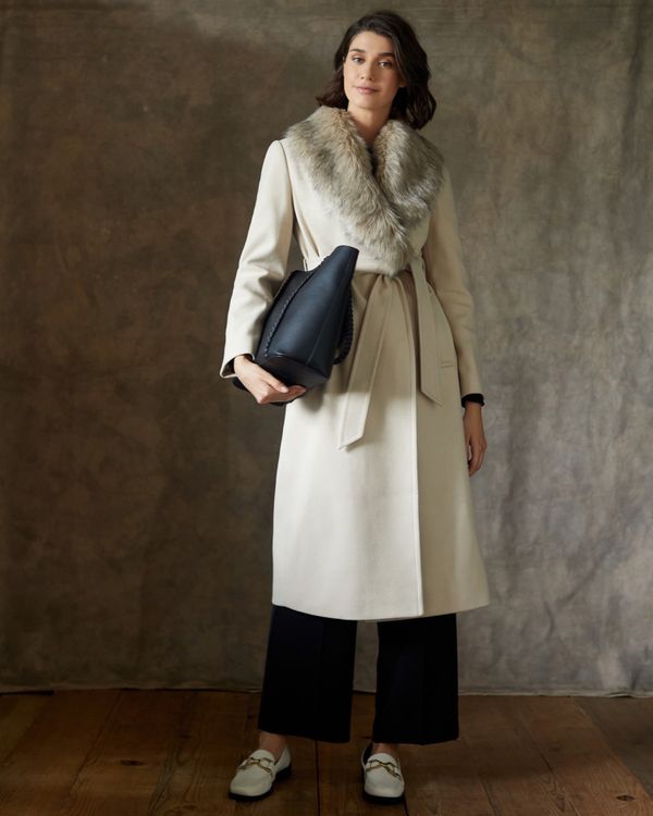 Dunnes Stores | Stone Gallery Fur Collar Belted Longline Coat