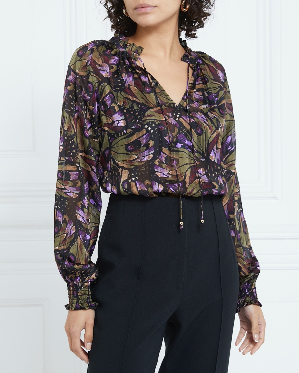 Dunnes Stores | Multi Gallery Butterfly Print Tie-Neck Blouse