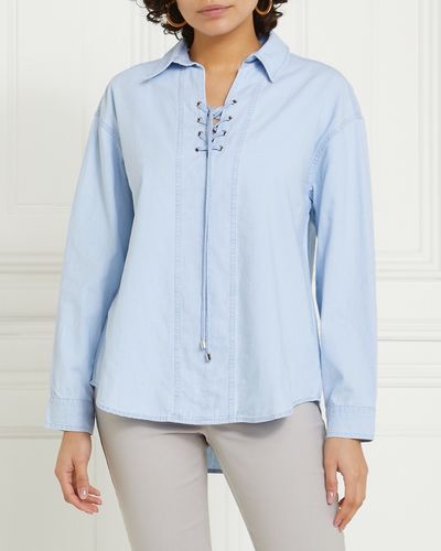 Gallery Chambray Lace Front Detail Blouse