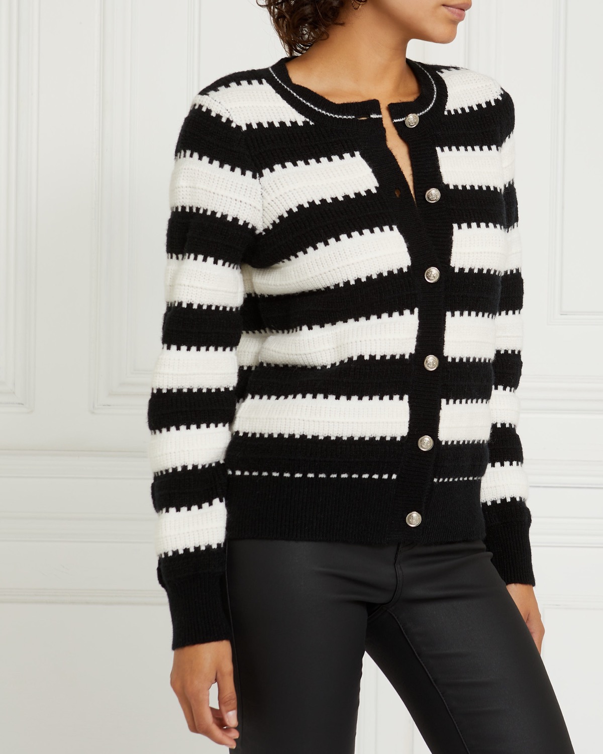 Dunnes Stores Black-ivory Gallery Stripe Knit Button Front Cardigan