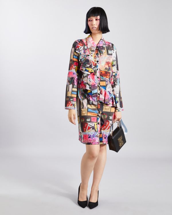 Joanne Hynes Printed Shirt Dress With Stud And Ruffle Details