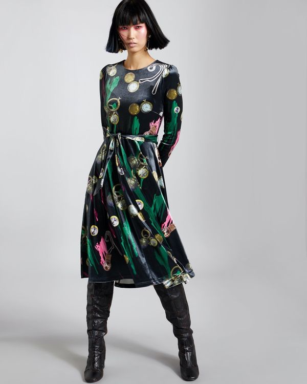 Dunnes Stores | Multi Joanne Hynes Stopped Clock Print Velvet Midi Dress