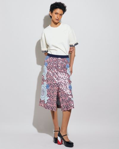 Joanne Hynes Sequin Skirt with Lace Appliqué Spring Flowers