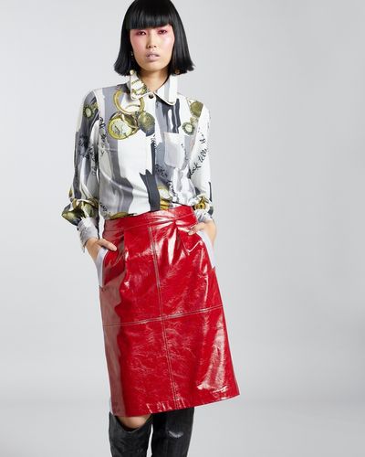 Joanne Hynes Red And Lilac Faux Leather Pencil Skirt