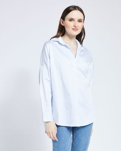 Paul Costelloe Studio Curved Placket Blouse in Blue Stripe thumbnail