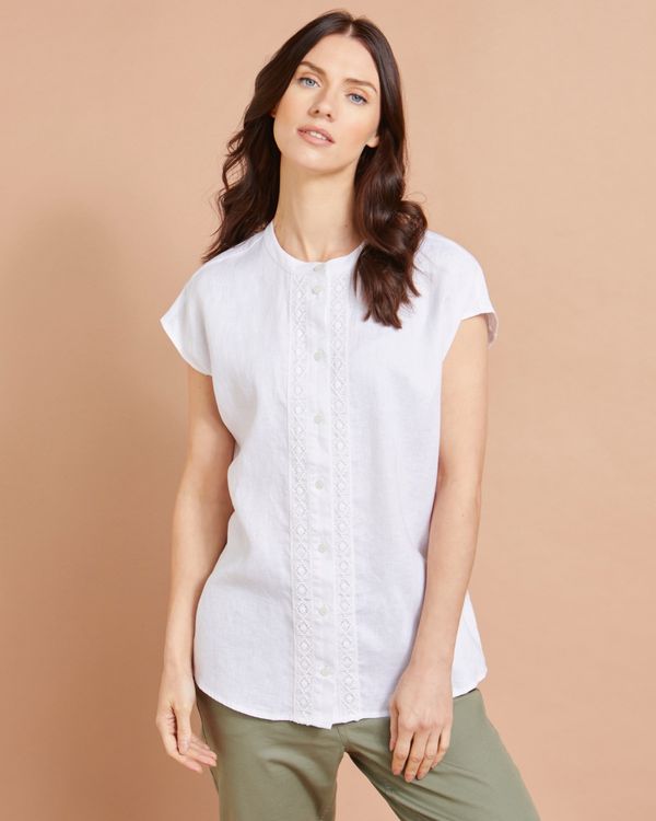 Paul Costelloe Studio Linen Shirt in White With Lace Trim