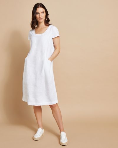 Paul Costelloe Studio Linen Scoop Neck Dress in White thumbnail