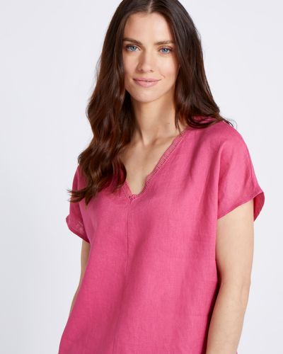 Paul Costelloe Living Studio 100% Linen Pink Embroidered V-Neck Top thumbnail