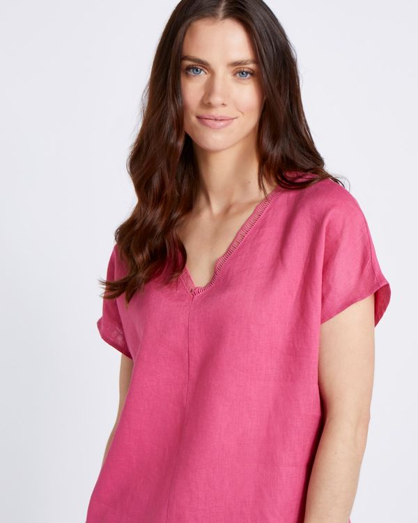 Paul Costelloe Living Studio 100% Linen Pink Embroidered V-Neck Top