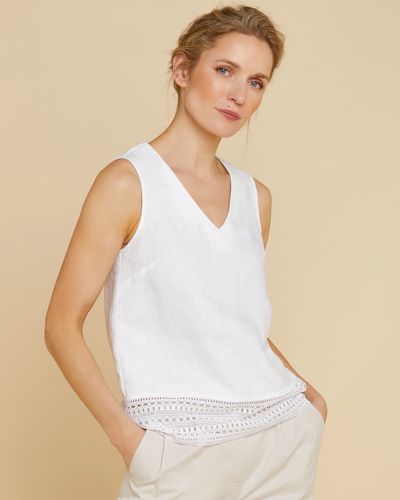 Paul Costelloe Living Studio White Embroidered Hem Linen Vest Top
