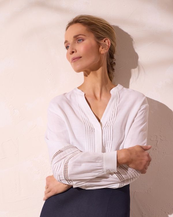 Paul Costelloe Living Studio White Linen Blend Shirt With Sleeve Detail