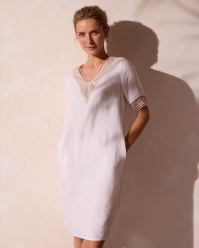 Paul Costelloe Living Studio White Embroidered V-Neck Linen Dress