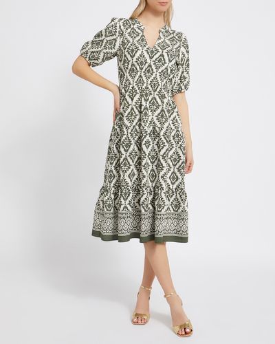 Puffed Sleeve Mono Print Midi Dress