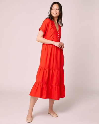 Midi Linen Mix Red Tiered Dress