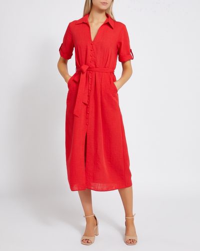 Belted Red Button Midi Dress