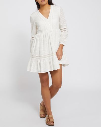 Long-Sleeved Textured Cream Mini Dress