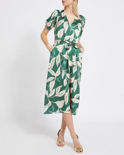 Leaf Print Satin Midi Dress