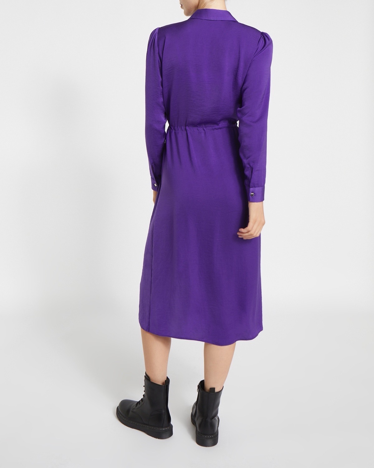 Dark Purple Satin Drawstring Midi Shirt Dress