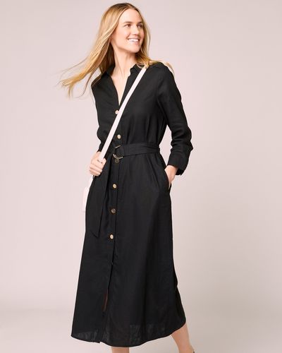 Military Black Linen-Blend Midi Dress