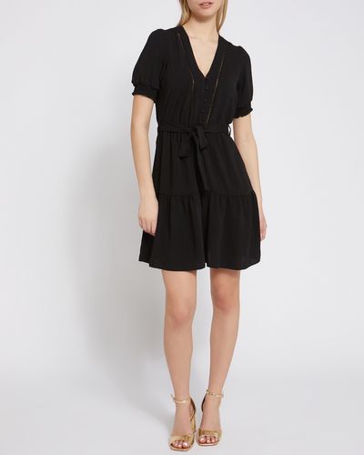 Mini Button Belted Black Dress