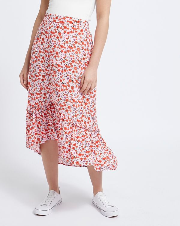 Ruffle Hem Printed Midi Skirt
