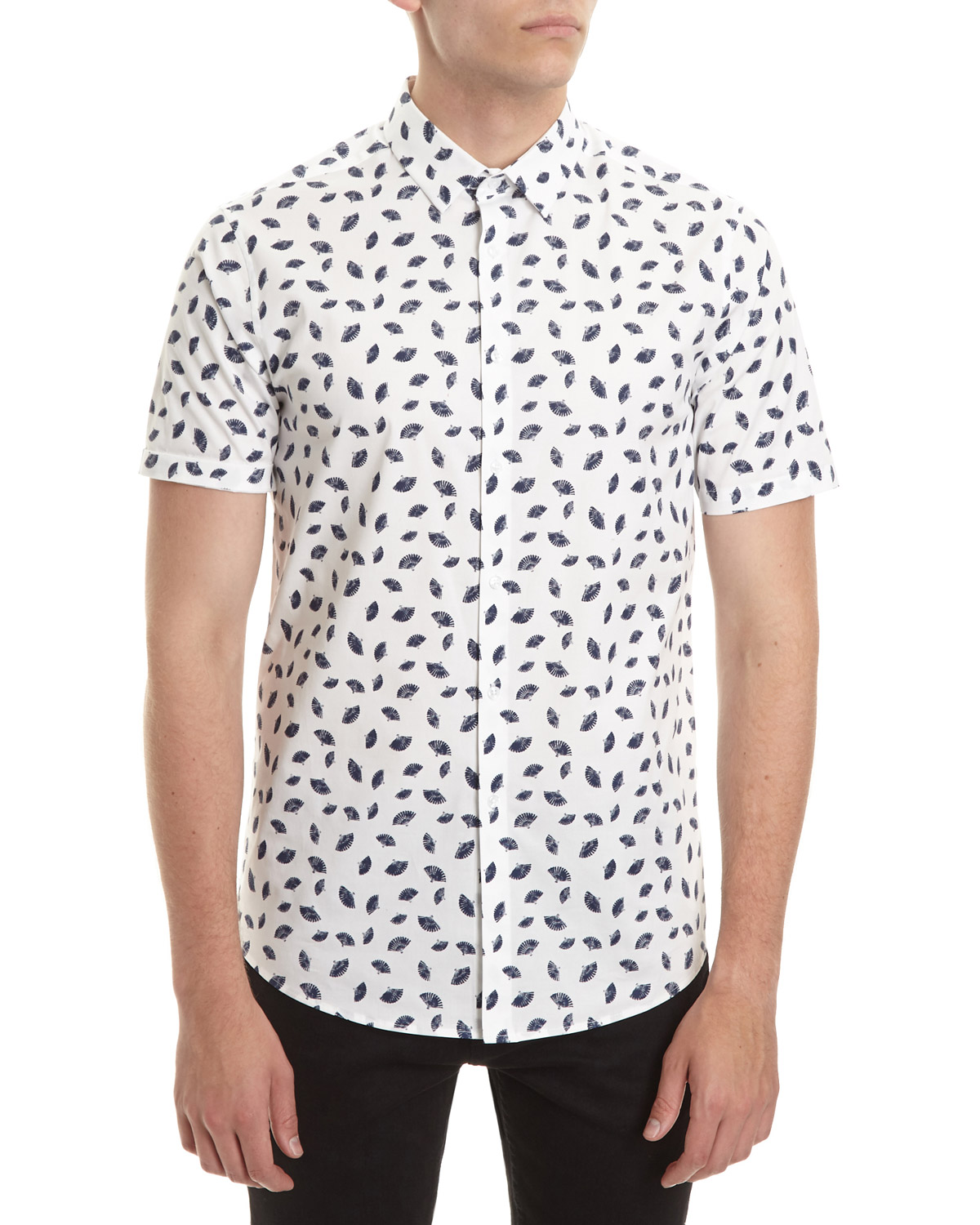 Dunnes Stores | White Slim Fit Short Sleeve Printed Stretch Shirt