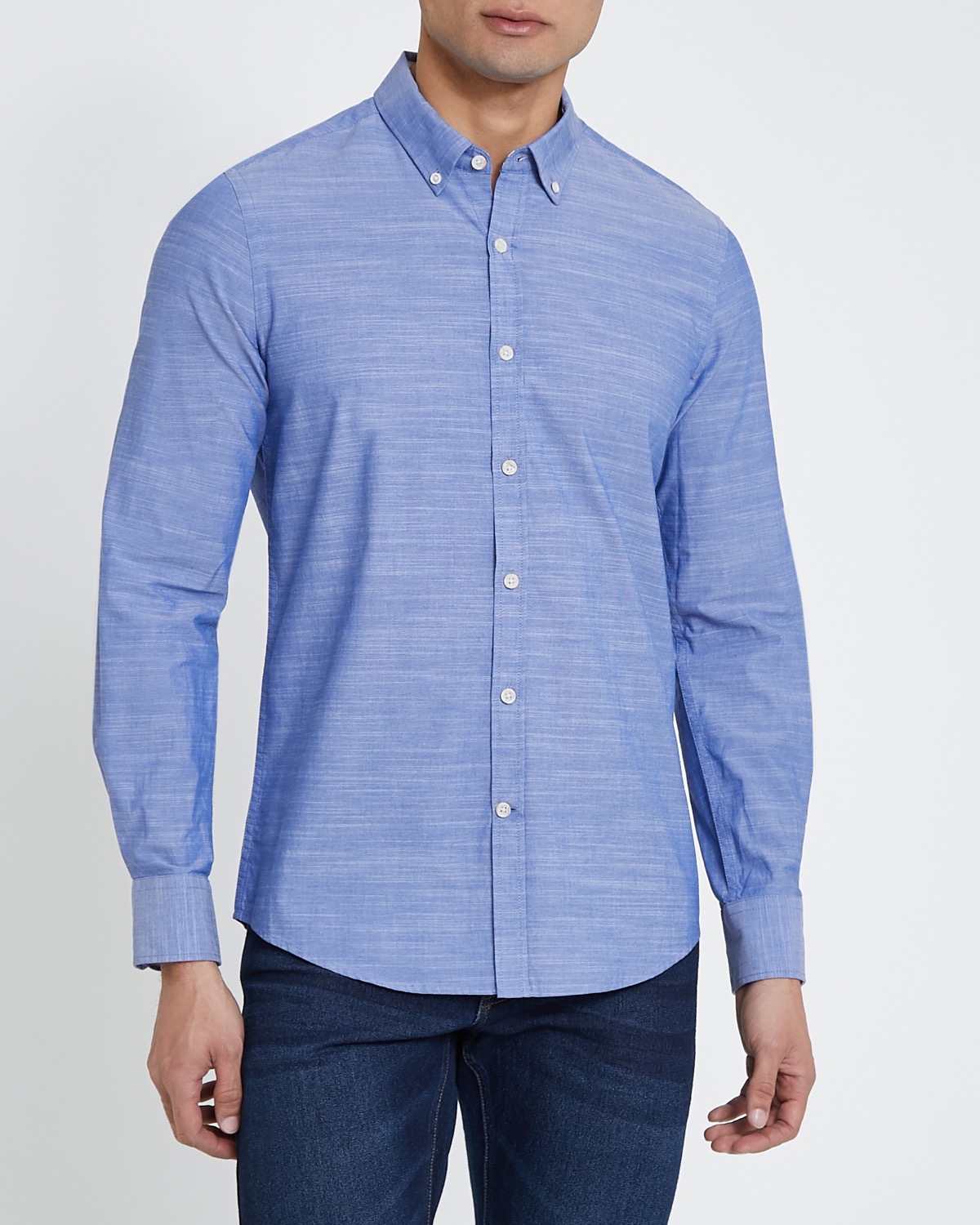 Dunnes Stores | Blue Long-Sleeved Slim Fit Cotton Slub Shirt