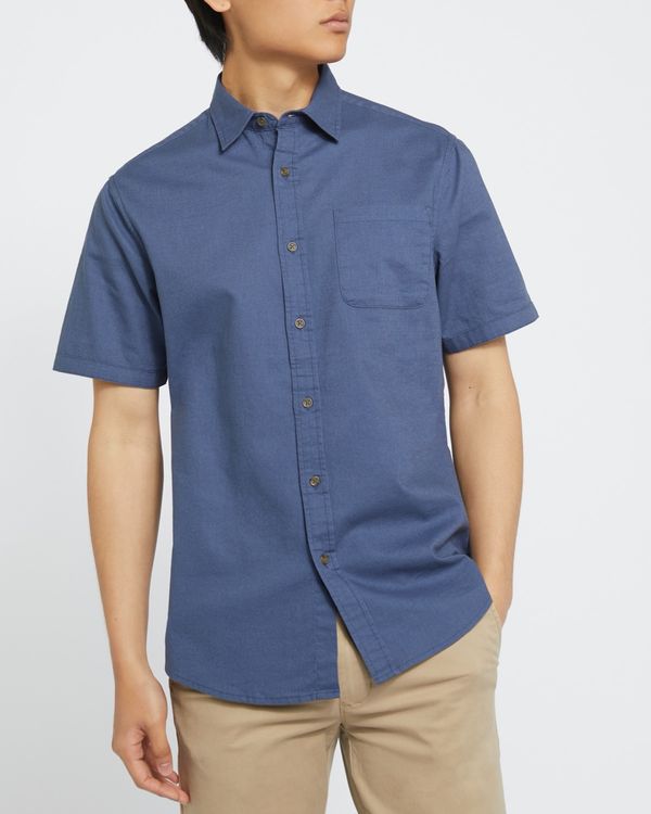 Dunnes Stores | Navy Regular Fit Linen Blend Solid Short-Sleeved Shirt