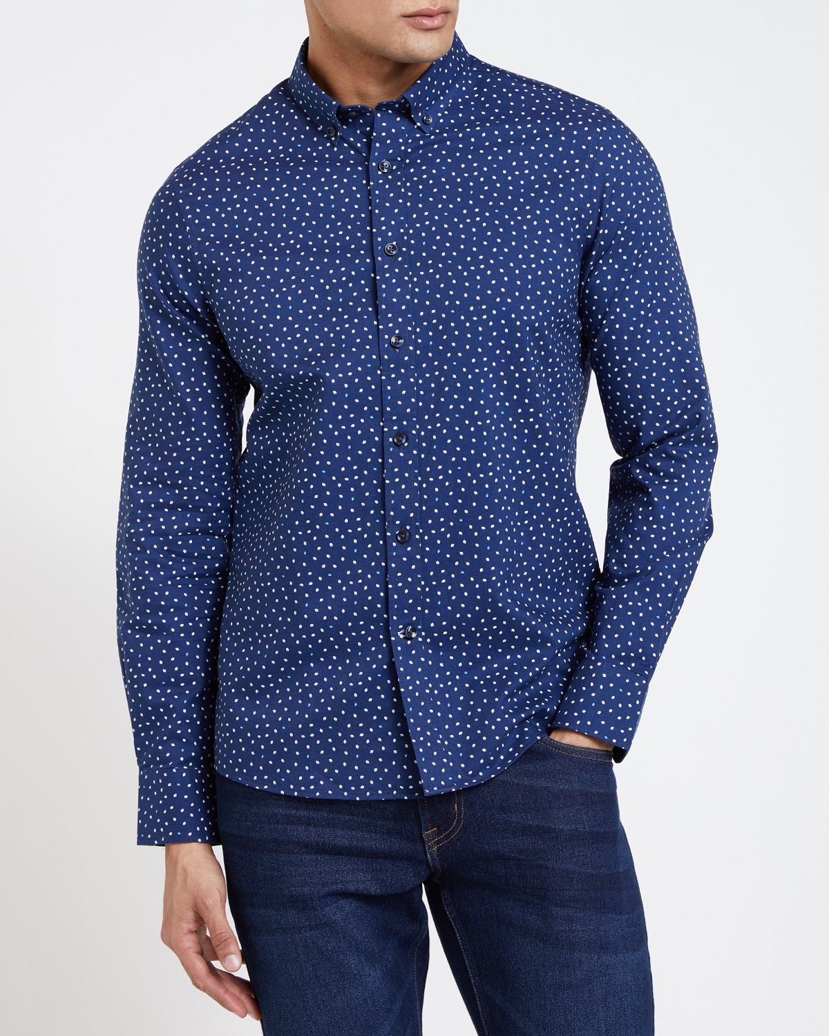 Dunnes Stores | Navy Slim Fit Long-Sleeved Oxford Print Shirt