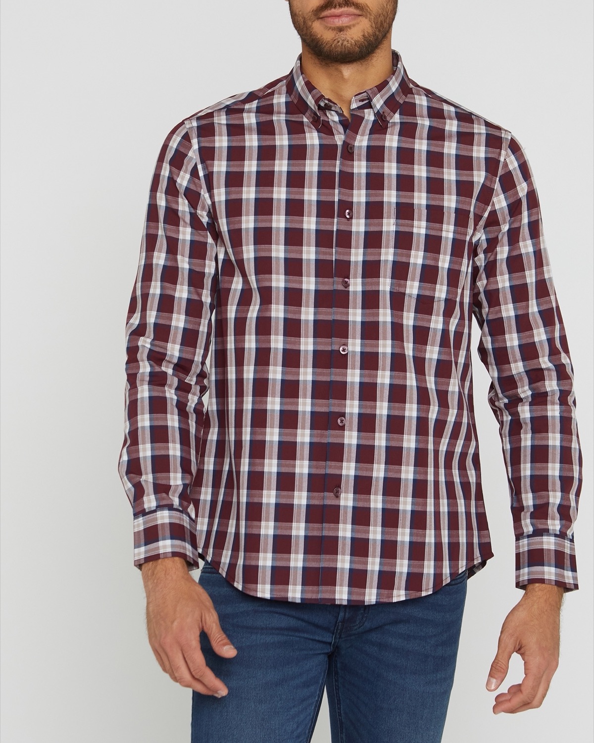 Dunnes Stores | Wine Regular Fit Long-Sleeved Check Shirt
