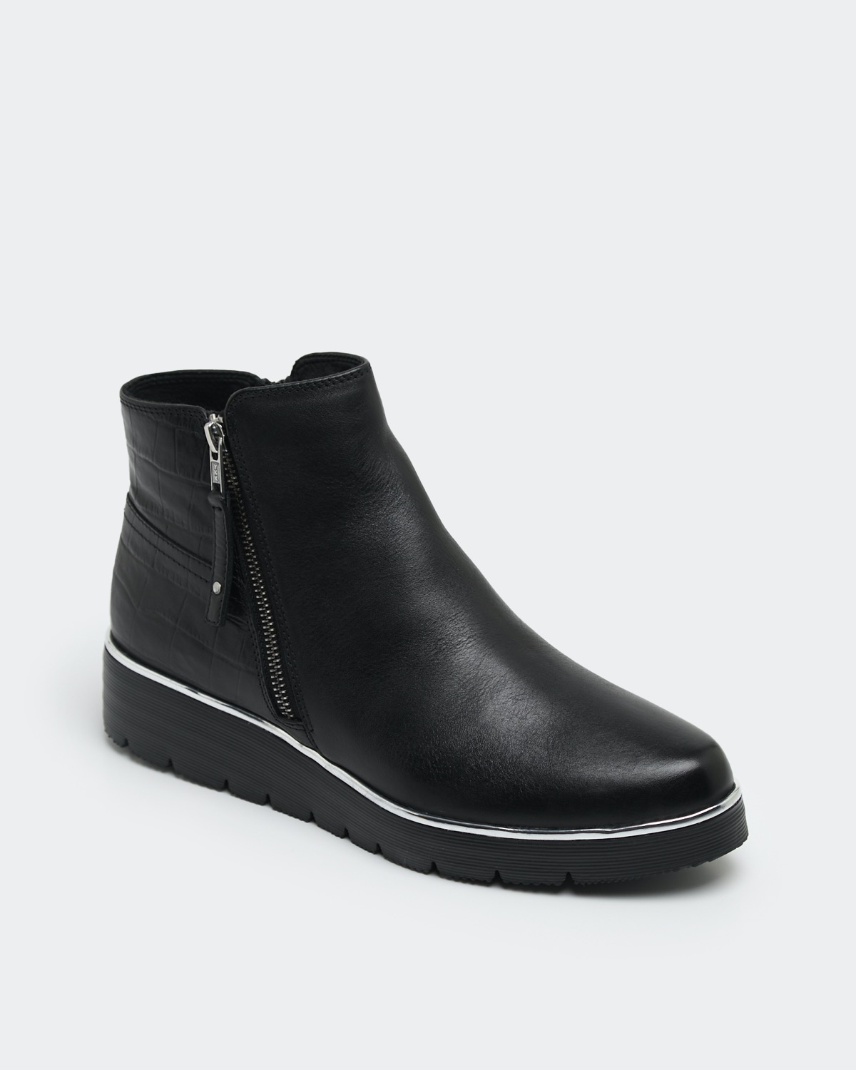 Dunnes Stores | Black Leather Zip Low Wedge Ankle Boot