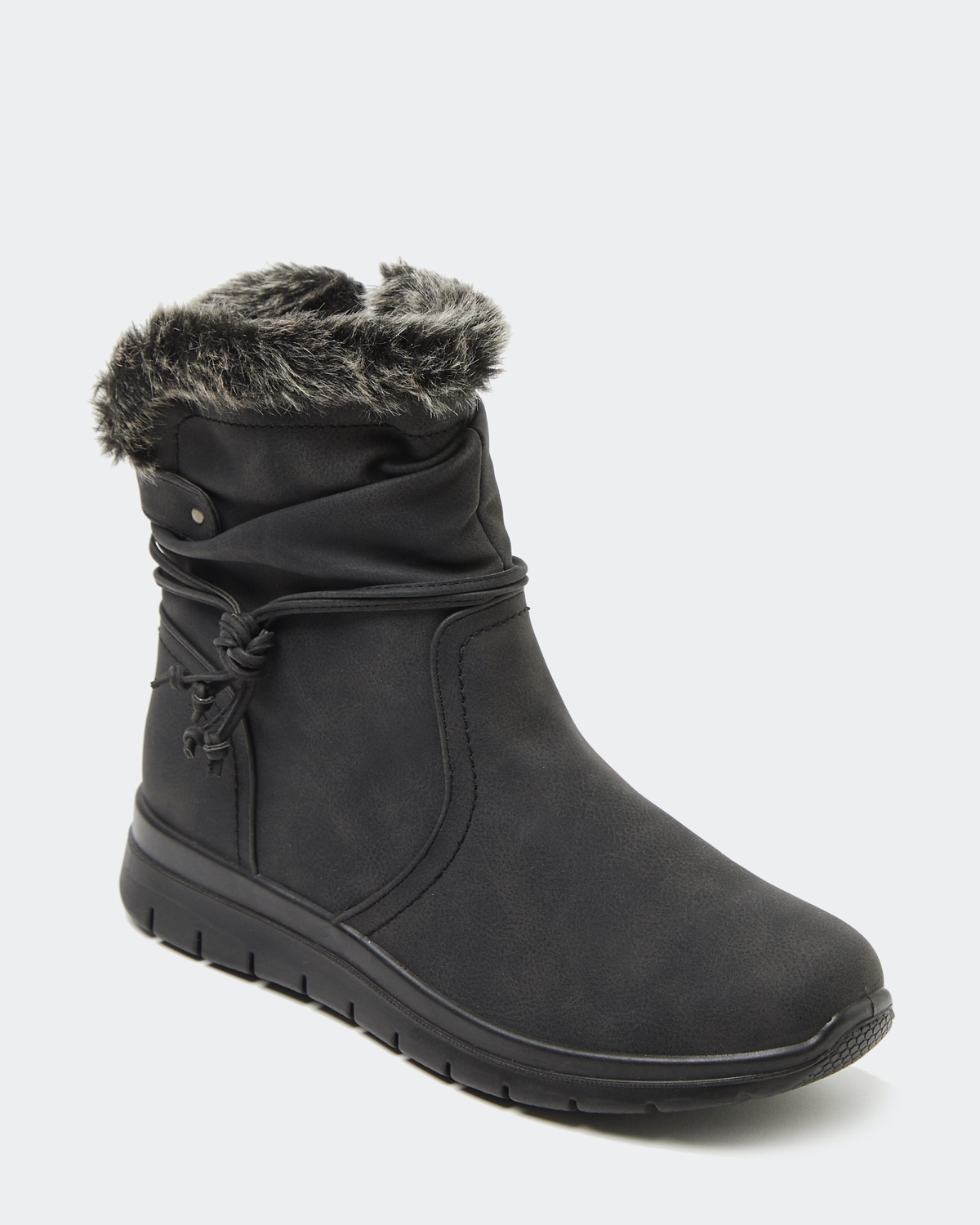 Dunnes Stores | Black Faux-Fur Trim Casual Low Wedge Boot