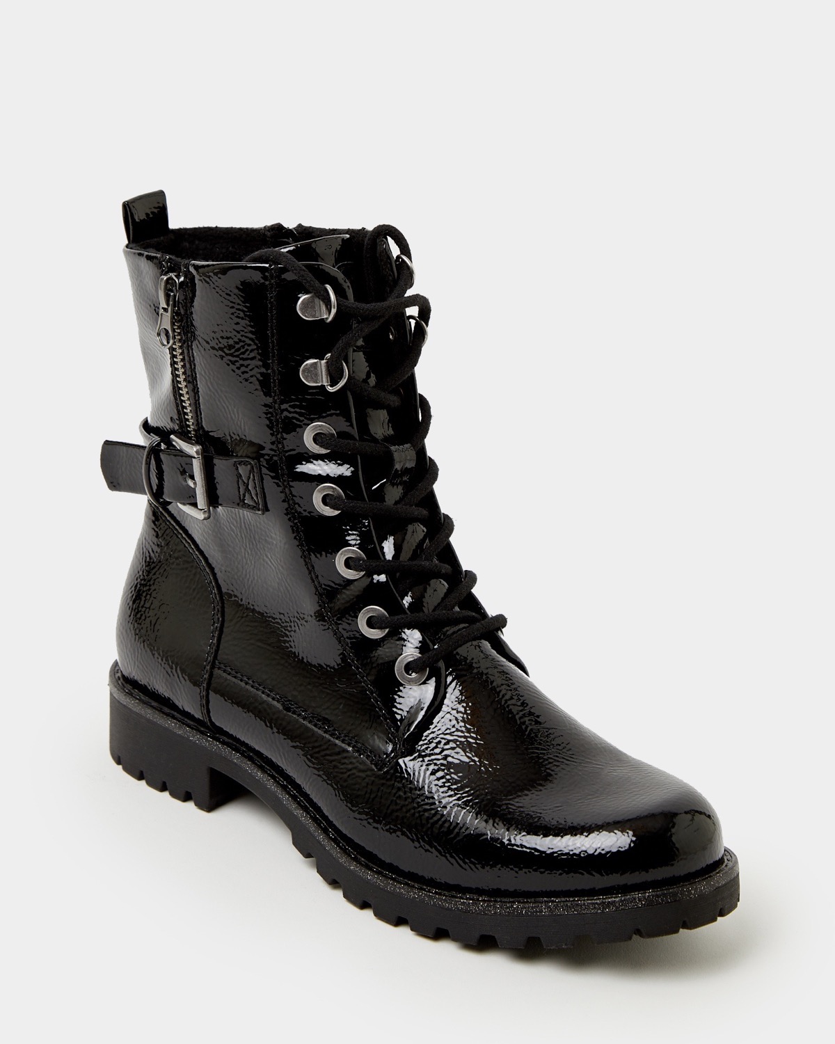 Dunnes Stores | Black-patent Patent Zip And Buckle Biker Boot