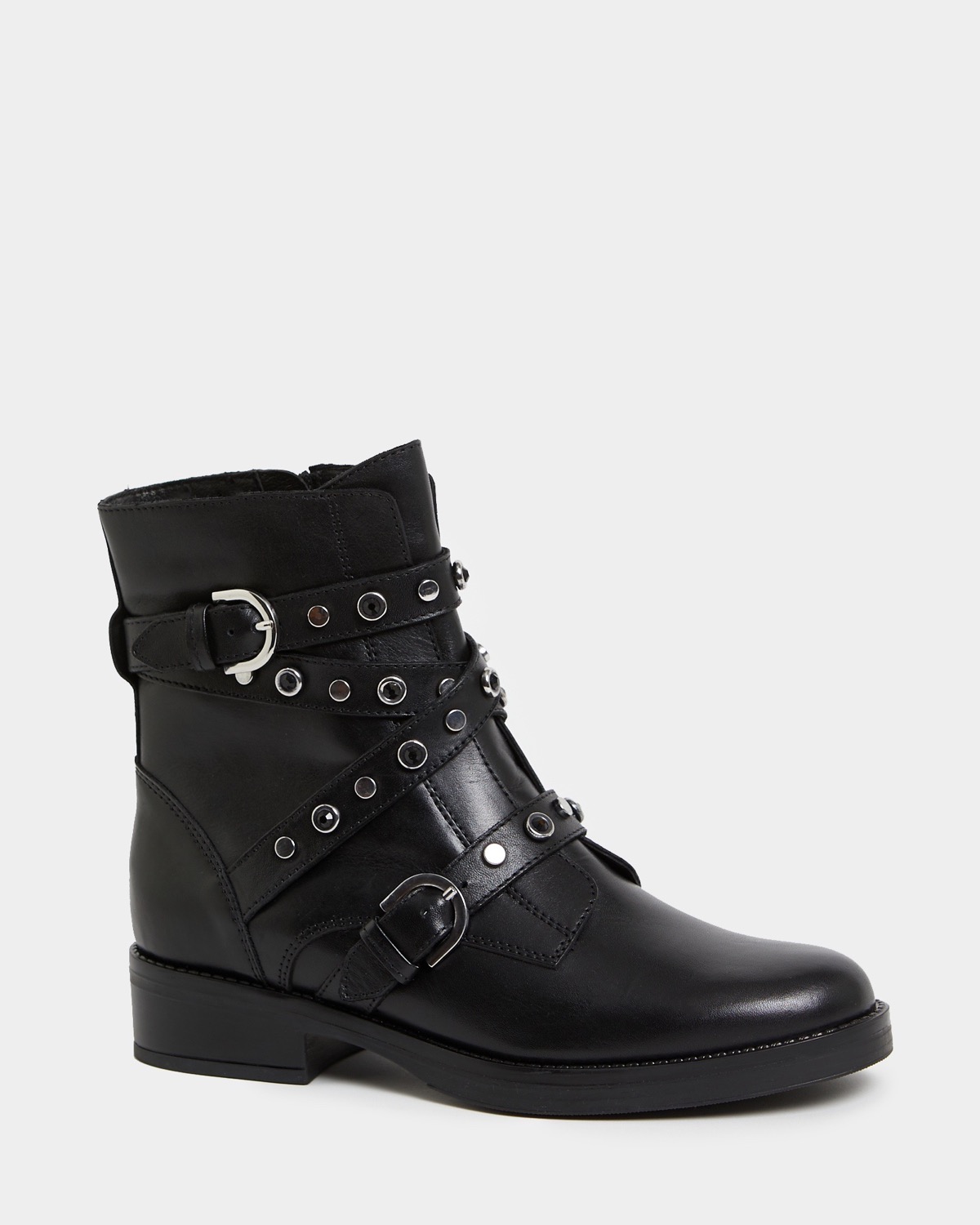 Dunnes Stores | Black Leather Stud And Bead Strap Biker Boots