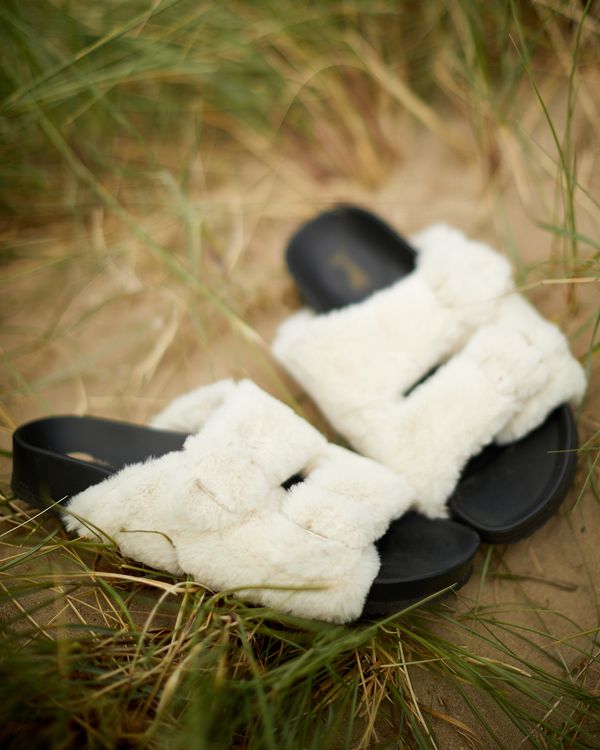 Faux Fur Buckle Footbed Slider Sandal
