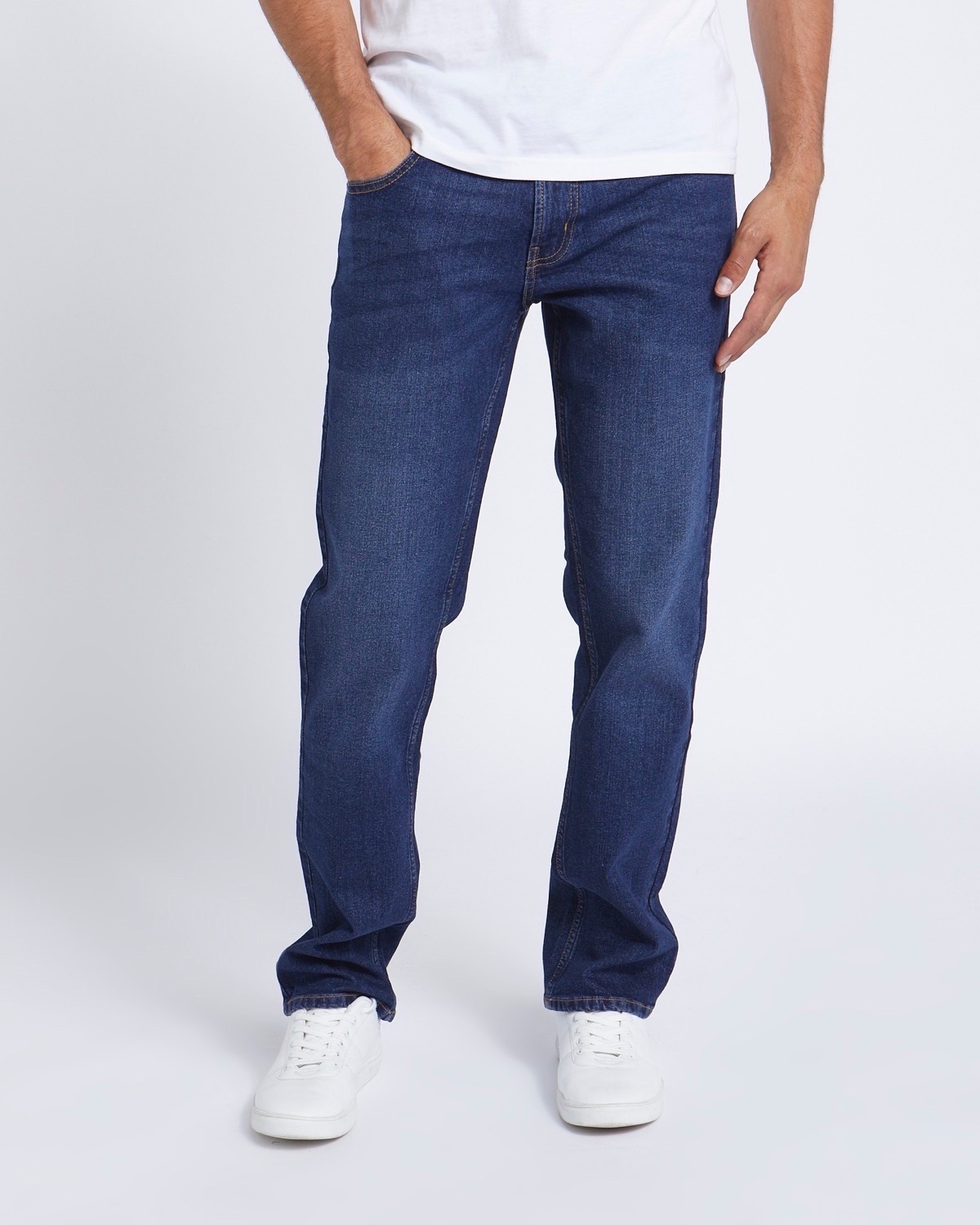Men's elastic dark blue Denim trousers with zipper and button