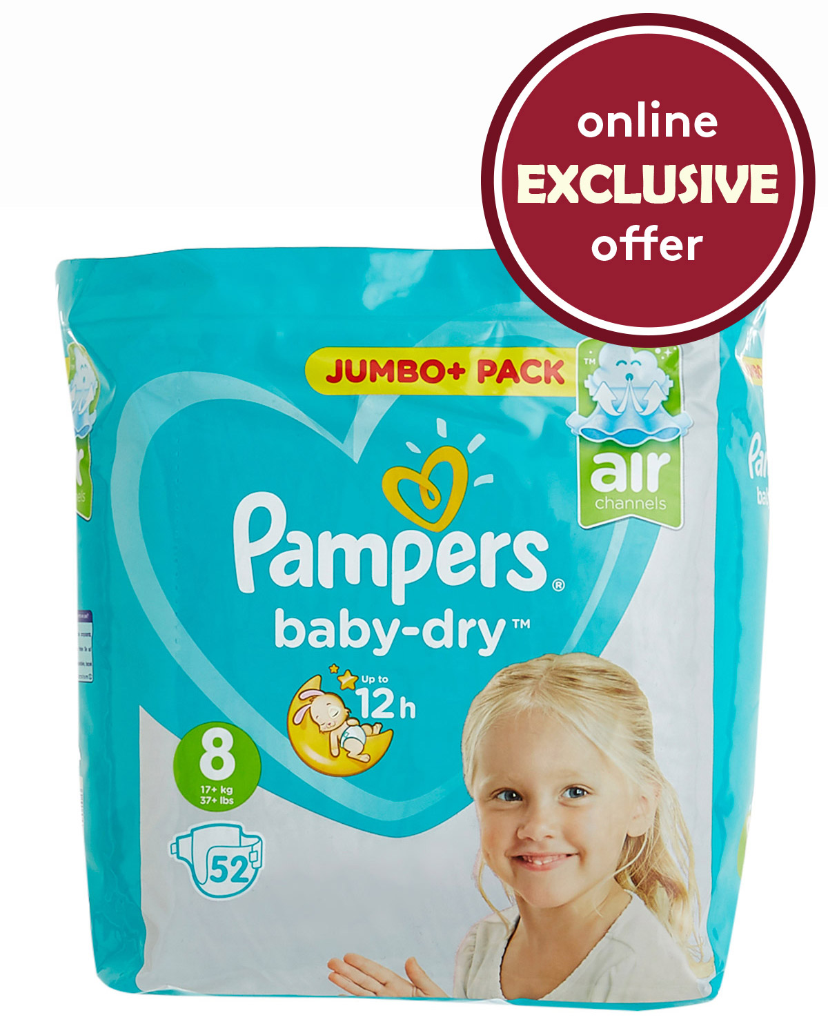 Pampers Baby-Dry Size 8, 52 Nappies, 17+kg, Jumbo+ Pack