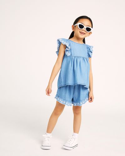 Chambray Embroidered Frill Top (2-14 years)