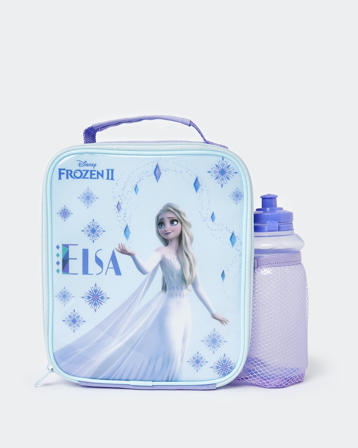 Frozen Rectangle Lunch Bag with Frozen 2-15.5oz Stainless Steel Vector Bottle with Push Button Spout