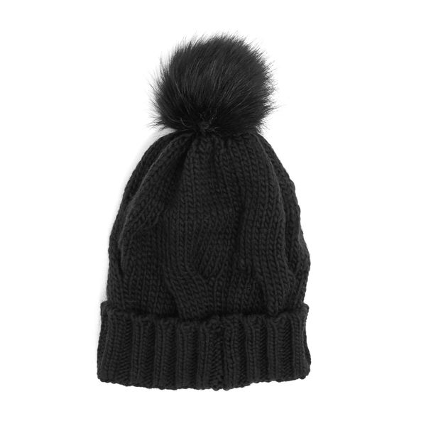 Cable-Knit Faux Fur Bobble Hat