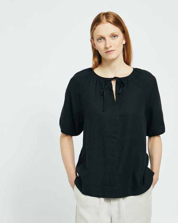 Carolyn Donnelly The Edit Black Tie Neck Linen Top