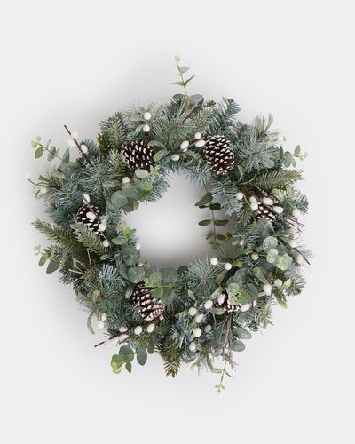 Frosted Wreath With Pinecone And Foliage Details