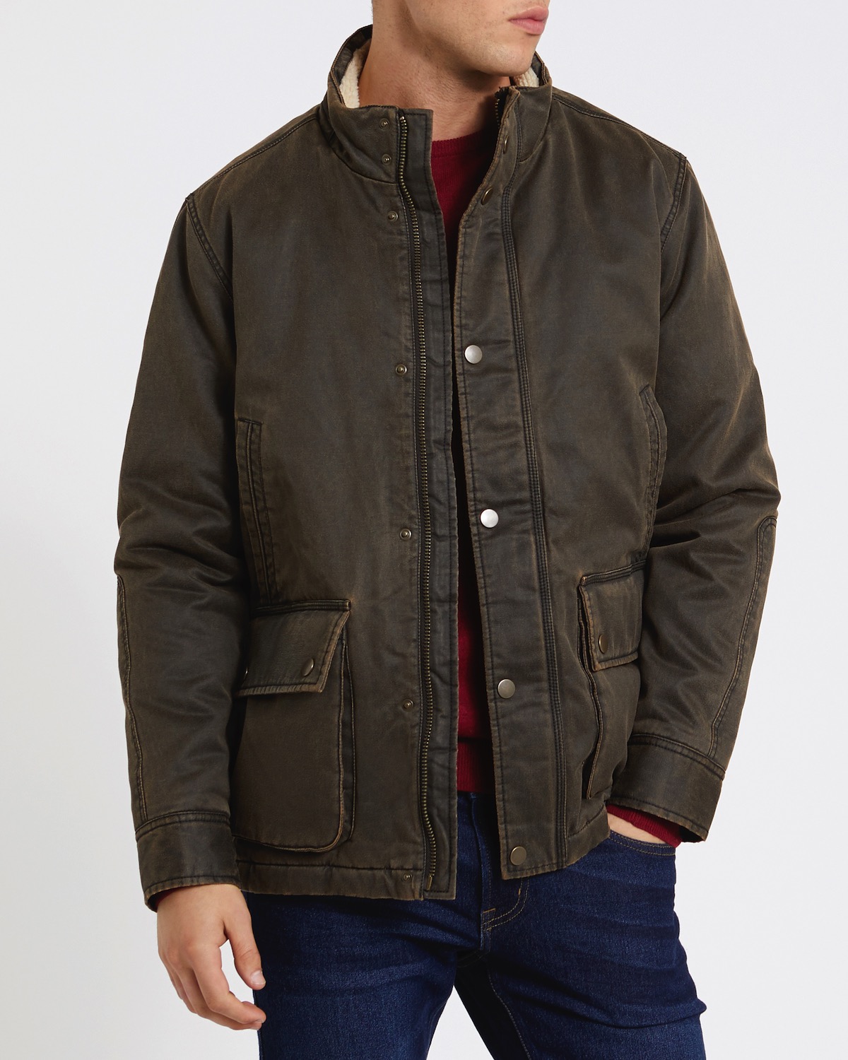 Dunnes Stores | Brown Waxed Jacket With Borg Collar