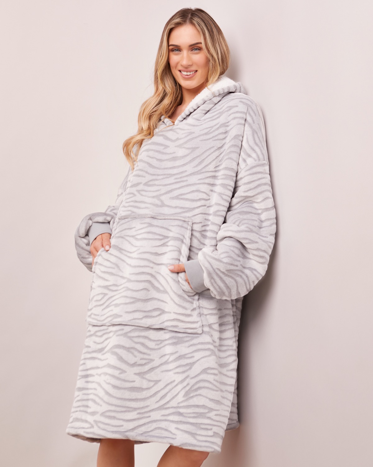 Dunnes Stores | Grey Zebra Embossed Hooded Blanket