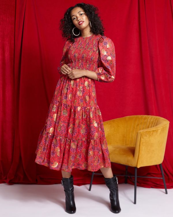 Dunnes Stores | Print Savida Anna Pink And Red Gold Detail Dress